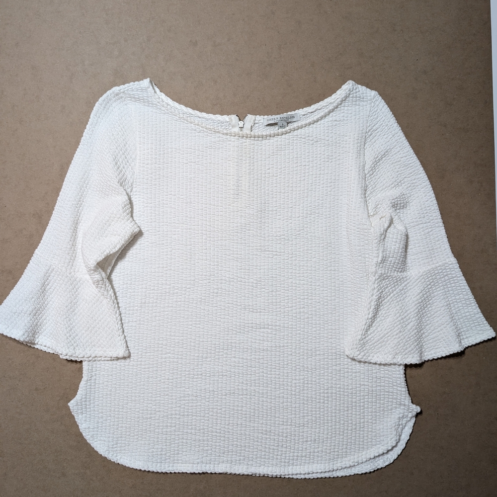 Green Envelope White Flutter Sleeve Blouse